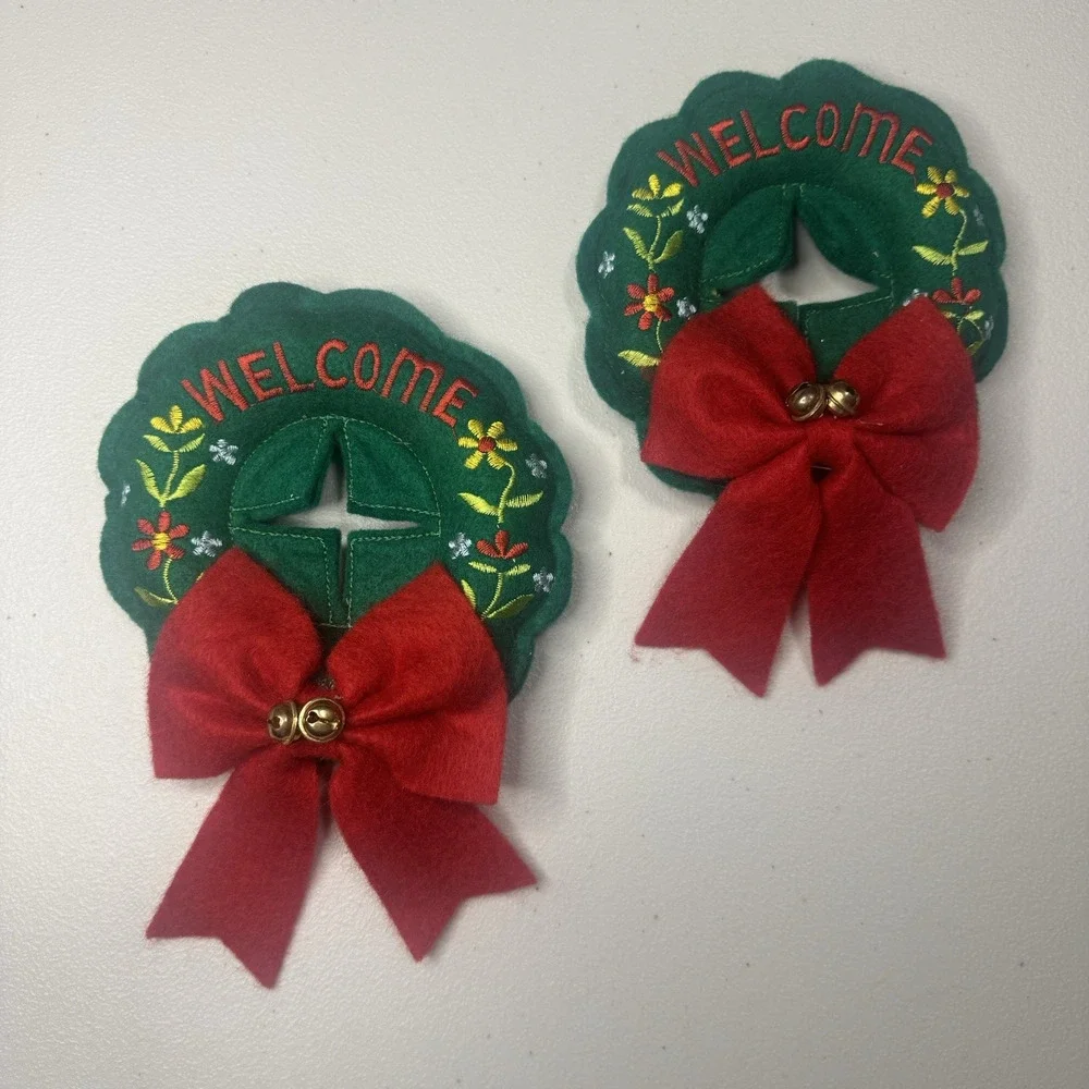 Vintage 2 Christmas Door‎ Knob Cover Plush Welcome Wreath Embroidered Bells